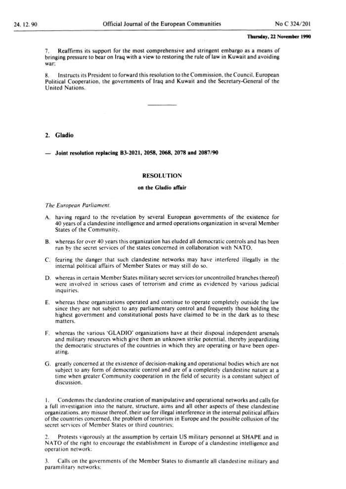 Documento del Parlamento de la Unión Europea sobre la Operación Gladio 
