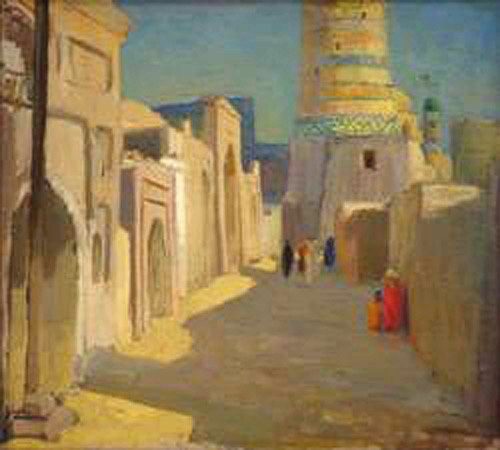 Igor Savitsky (1915-1984): Calle de la antigua Khiva. Óleo sobre cartón.