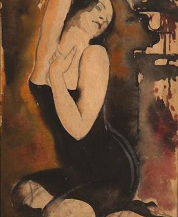 Sergey Luppov (1883-1977): Mujer sentada con traje de baño negro. Acuarela sobre cartón.