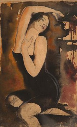 Sergey Luppov (1883-1977): Mujer sentada con traje de baño negro. Acuarela sobre cartón.