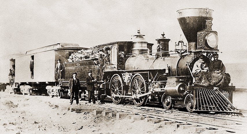 Locomotora 113, Falcon, de la Central Pacific, en Argenta, Nevada. Foto: John B. Silvis, 1869.
